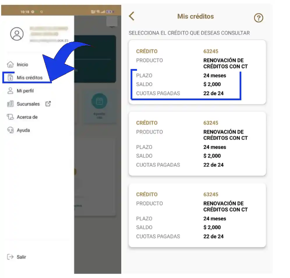 opción "Mis Créditos" para consultar detalle