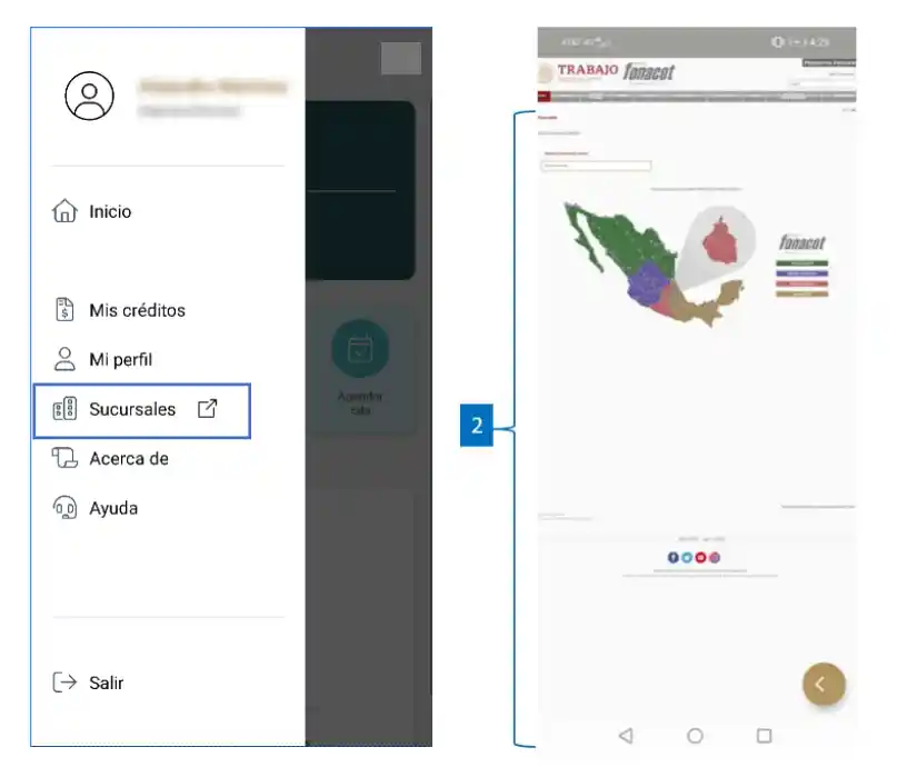 Opción "sucursales" en menú de la App Fonacot
