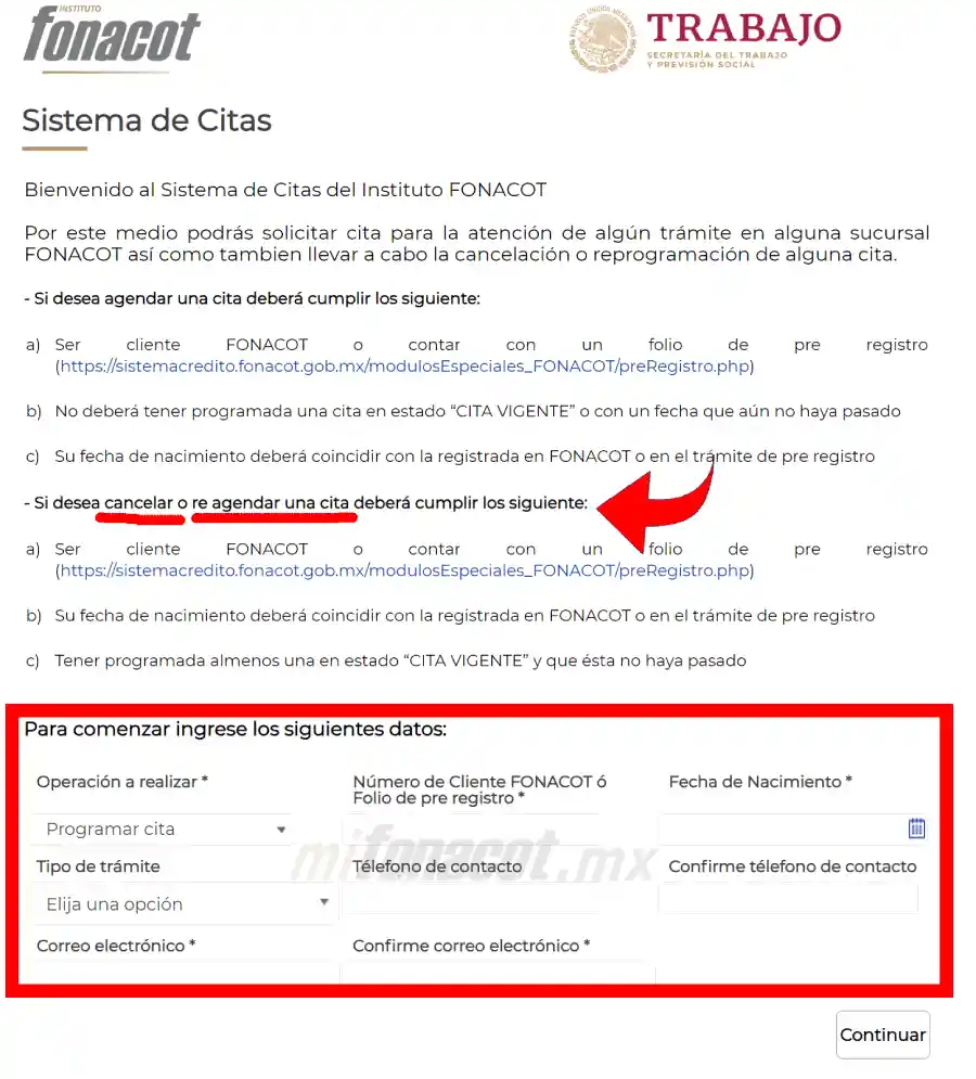 Cancelar o Reagendar cita Fonacot en Portal de Citas Online