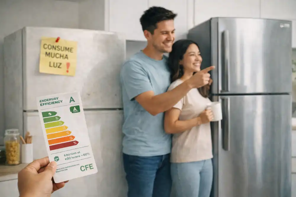 Familia sustituyendo un electrodoméstico viejo por uno eficiente para ahorrar energía con el crédito ASI CFE