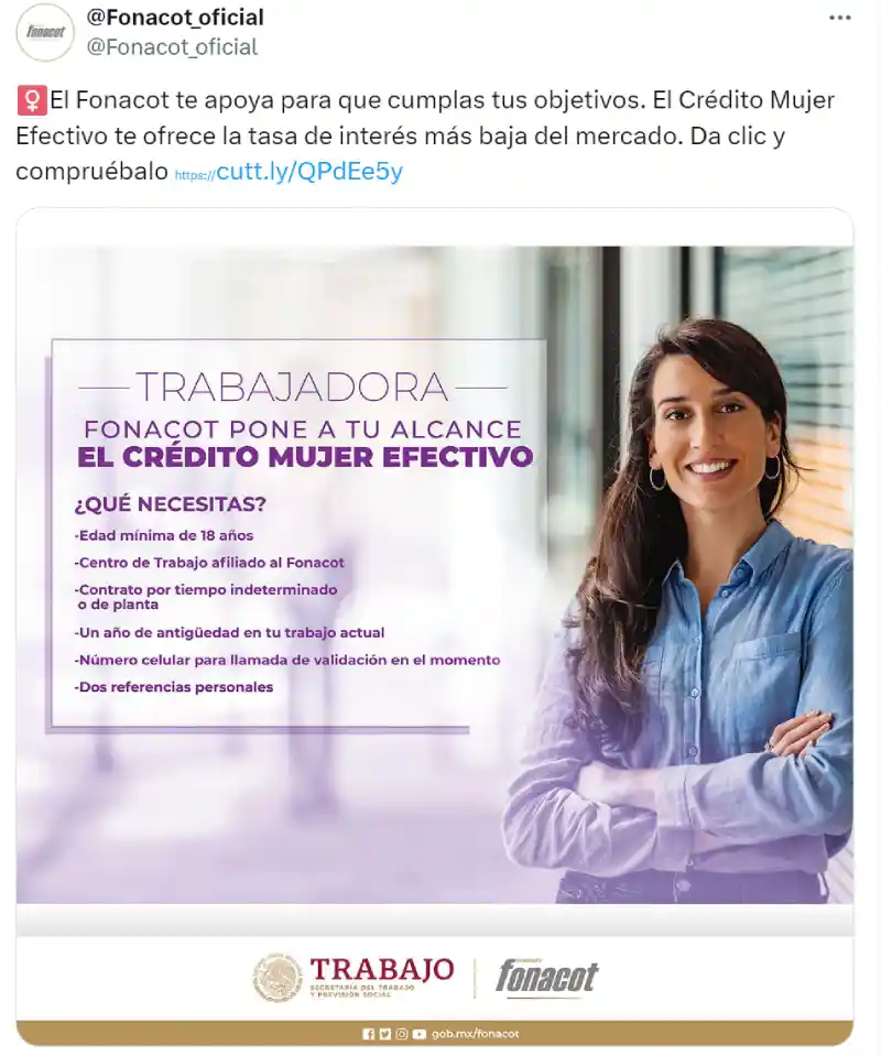 post en X del Crédito Mujer via @Fonacot_oficial