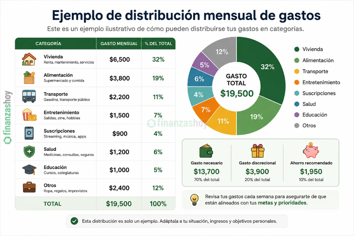 Ejemplo de distribución mensual de gastos personales por categorías