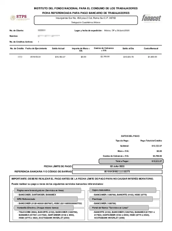 ficha referenciada para el pago bancario
