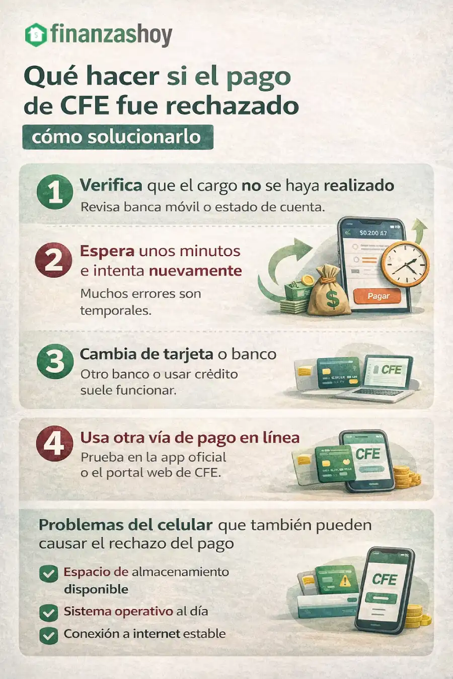 Infografía con pasos para solucionar el rechazo del pago del recibo CFE en línea