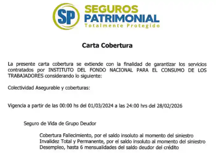 Detalle de la carta de cobertura del seguro.