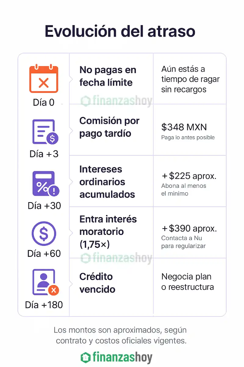 Infografía que muestra qué pasa si no pagas tu tarjeta Nu: comisión por pago tardío, intereses acumulados, interés moratorio y reporte al Buró de Crédito.